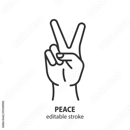 Hand gesture V line icon. Victory or peace vector symbol. No war sign. Editable stroke.