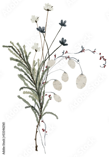 Watercolor winter floral bouquet illustration. Christmas greenery floral arrangement  delicate botanical soft wildflowers