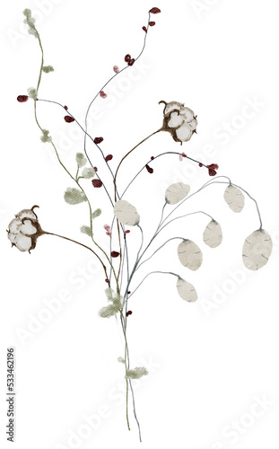 Fototapeta Naklejka Na Ścianę i Meble -  Watercolor winter floral bouquet illustration. Christmas greenery floral arrangement, delicate botanical soft wildflowers