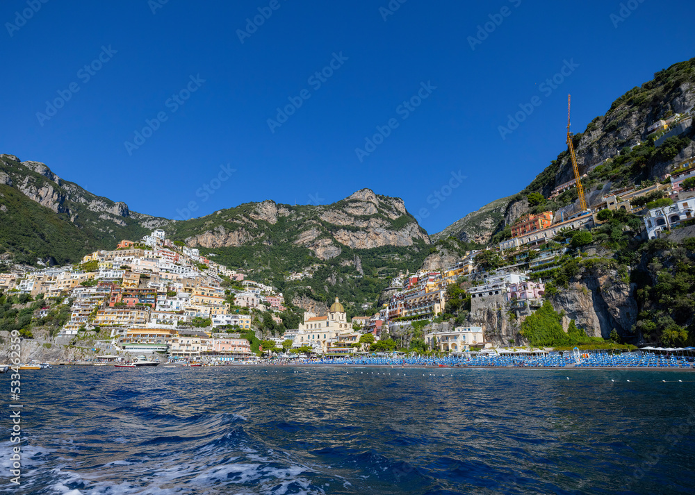 Sea level views of the tourist town of Positano on the Italian Amalfi coastline 