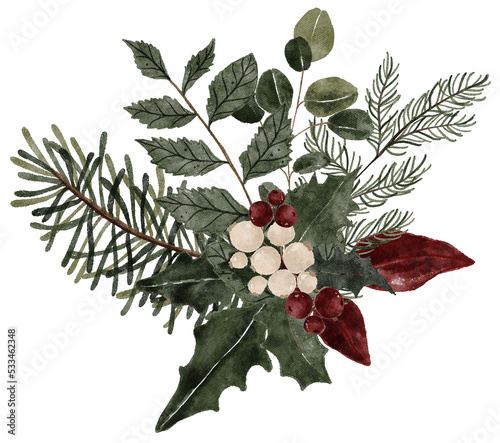 Watercolor winter floral bouquet illustration. Christmas greenery floral arrangement, delicate botanical soft wildflowers