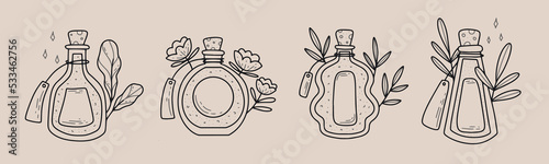 Set of hand drawn Bottles with Magic Potions. Vector Vintage Witchcraft elements 