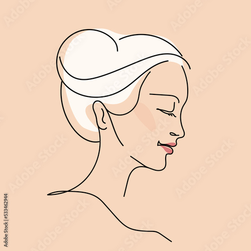 Line art woman face.Hair salon, beauty studio, makeup illustration.Fashion, cosmetics and spa icon isolated on light fund.Mature lady portrait.Beautiful white hairstyle model.Luxury,glamour logo.