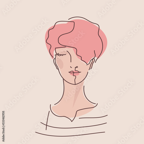 Line art woman face.Hair salon  beauty studio  makeup illustration.Fashion  cosmetics and spa icon isolated on light fund.Cute young lady portrait.Short hairstyle model.Luxury glamour logo.