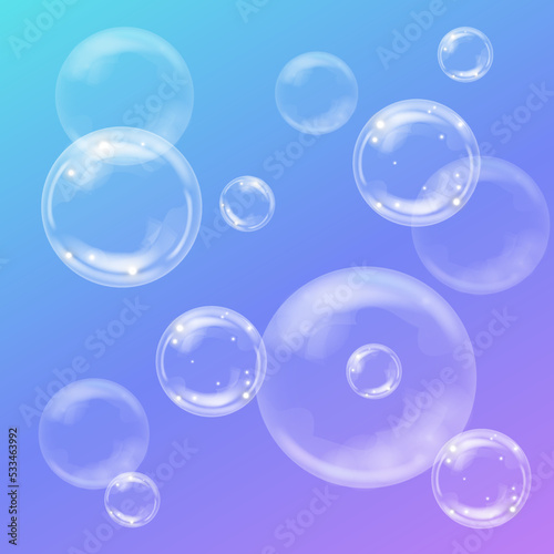 Realistic soap bubbles on colorful background