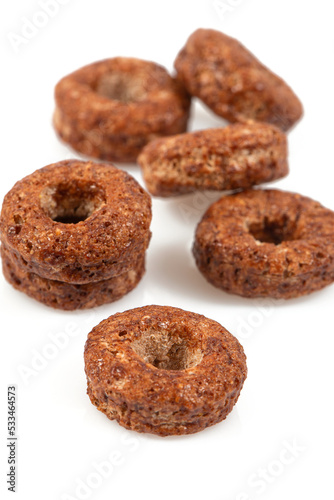 Chocolate rings, quick breakfast for kids isolated on white background.