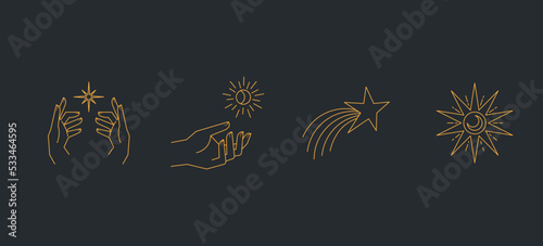 Aesthetic hands and cosmic and celestial elements. Universal cosmos related icons. Linear vector illustrations. Magic and Witchcraft symbology.
