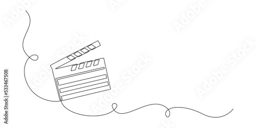 One continuous line drawing of clapper board. Action movie scene and retro video production concept in simple linear style. Outline editable stroke. Doodle vector illustration