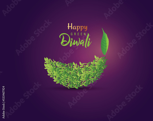Happy Diwali Festival- Green Diya lamps lit down during Diwali celebration green leaf eco concept. Deepavali or Deepavali the festival of lights, Diwali celebration, festival, green concept vector.