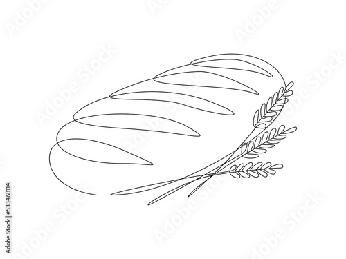One continuous line drawing of french baguette bread. Baking loaf logo for bakery shop with plant wheat in simple linear style. Outline editable stroke. Doodle vector illustration
