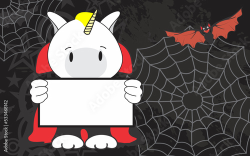 unicorn kid cartoon with dracula costume holding empty billboard copy space illustration halloween background