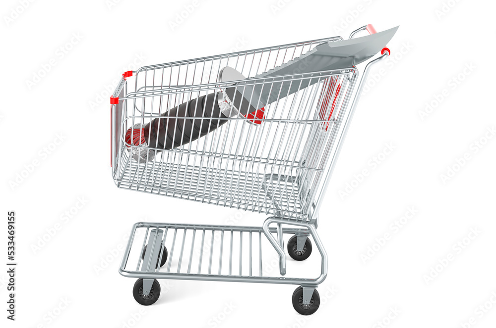 Shopping cart with hunting knife, 3D rendering Shopping cart with hunting knife, 3D rendering