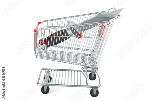 Shopping cart with hunting knife, 3D rendering
