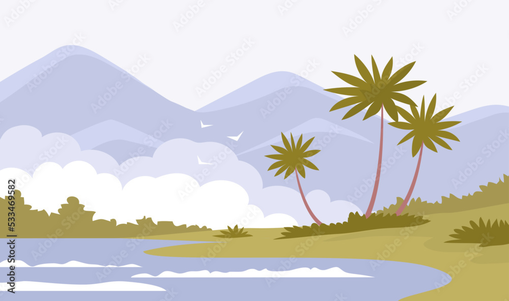 Landscape with tropical forest and palm trees. Mountain, lake and shore. Green rainforest. Cartoon vector illustration. Wildlife background
