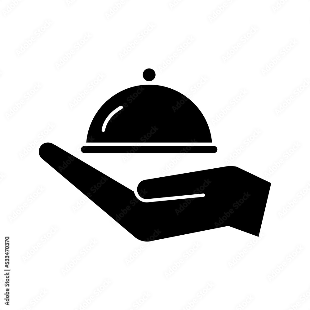 Closed food tray in hands hotel room service icon Closed food tray in hands hotel room service icon