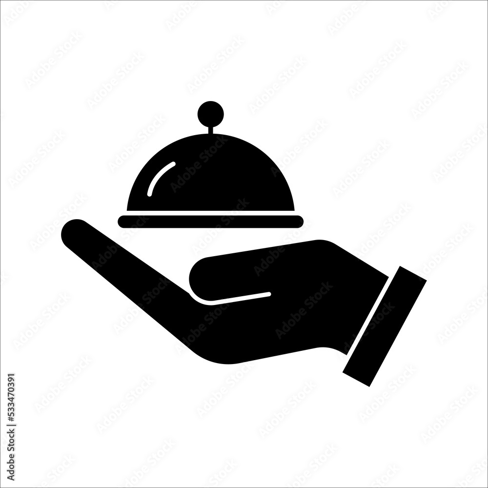 Closed food tray in hands hotel room service icon