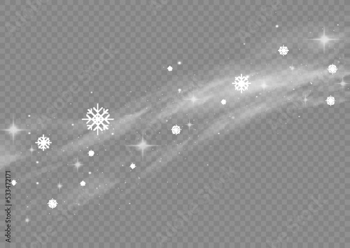 Cold wind with snow blow, winter weather with white smoke flying snowflakes. Christmas effect of a cold blizzard. Freezing breath curve trails. Flow snowy smoky stream, icy vapor. Vector illustration