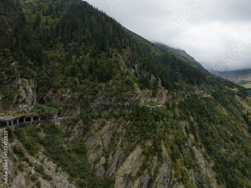 Aerial view of the Transfagaras mountain road in the Fagaras mountains in Romania © Peter