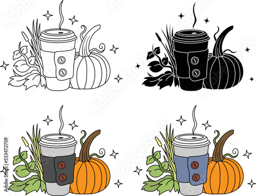 Pumpkin Spice Latte Coffee Design Clipart - Outline, Silhouette and Color