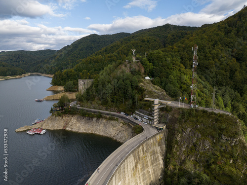 Aerial view of the Vidraru Reservoir in the Fagaras Mountains in Romania