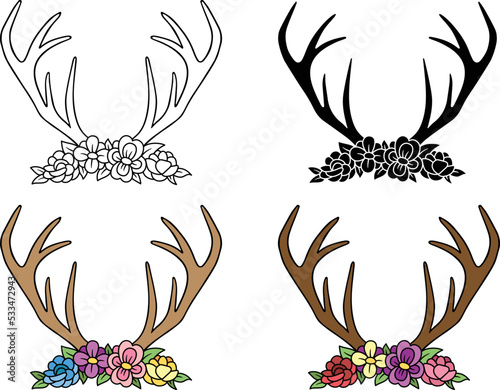 Deer Antlers with Flowers Clipart Set - Outline, Silhouette & Color