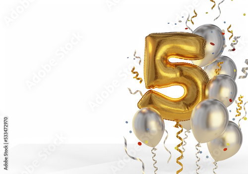 Celebration card template with congratulations on the fifth anniversary. Balloons made of gold and silver foil. Confetti and ribbons with balloons. 3d rendering.