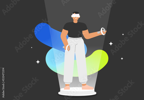 Flat vector illustration with man wearing virtual reality glasses, interacting and creating a virtual world. Concept of future innovations.