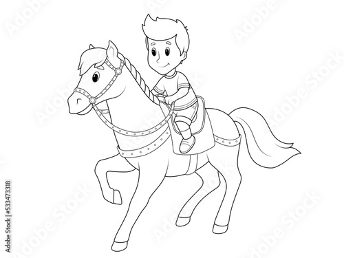 Boy riding a pony. Coloring book, vector.