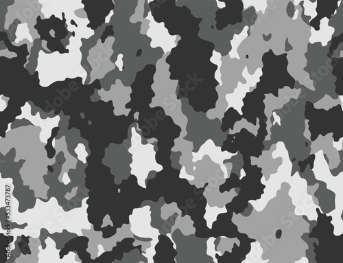 Trendy gray camouflage background, military uniform texture, seamless winter pattern disguise. Army background.