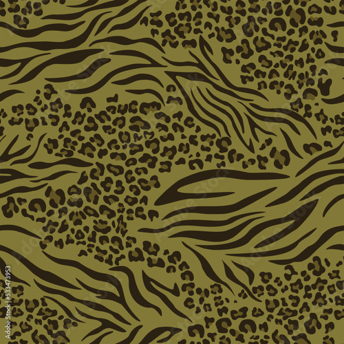 
Zebra leopard print seamless green texture, mix background, animal design. Vector