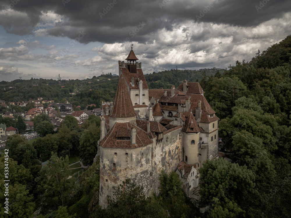 Aerial view of Dracula Castle in the village of Bran in Romania