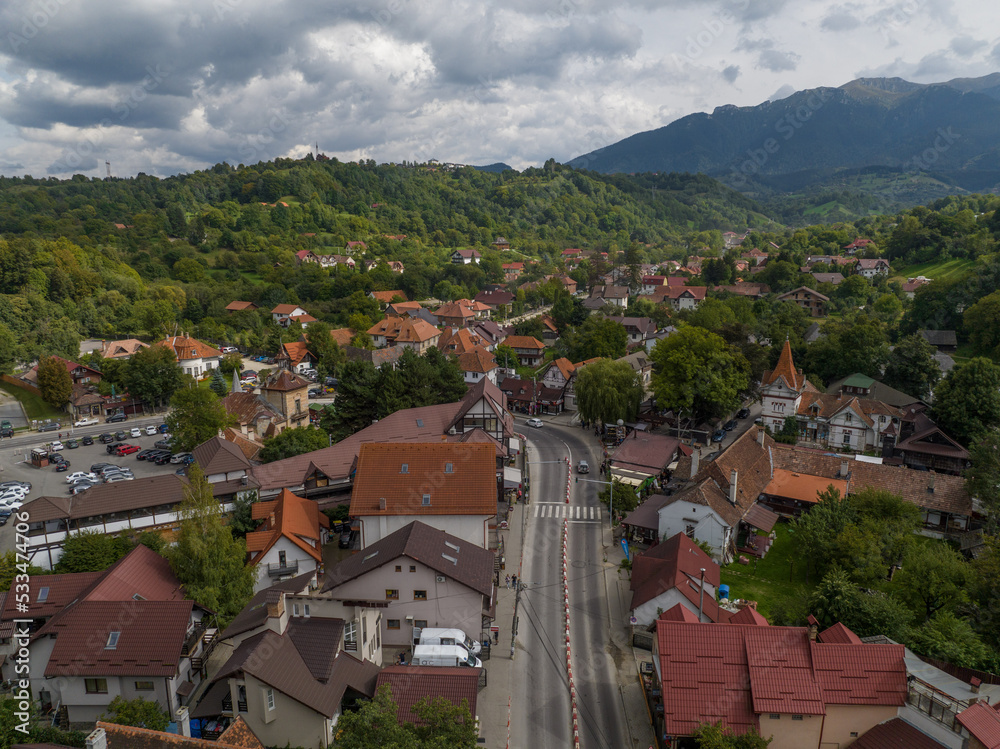 Aerial view of the village of Bran in Romania