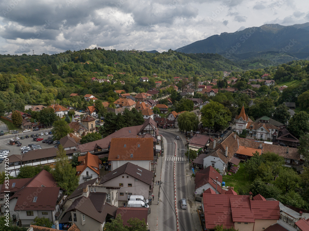 Aerial view of the village of Bran in Romania