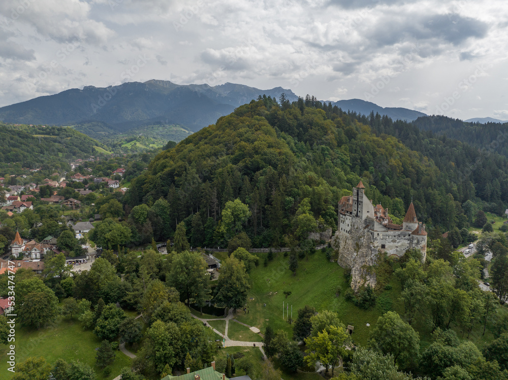 Aerial view of Dracula Castle in the village of Bran in Romania
