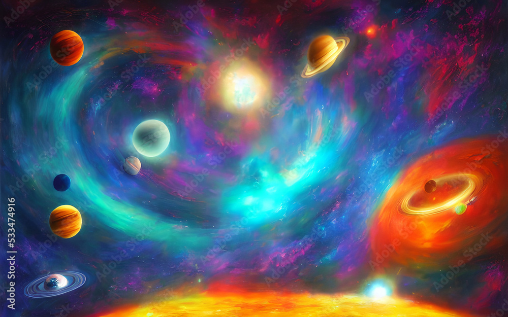The picture is a dreamy, psychedelic solar system. The sun is a bright yellow ball in the center of the picture, and the planets orbit around it. The planets are colorful and swirl around the sun in a