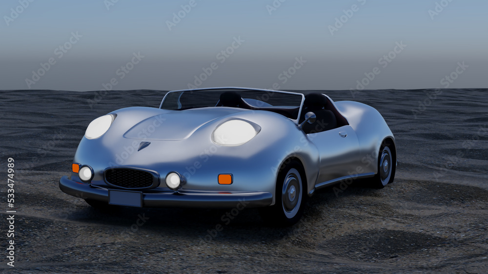 Silver sports car cabriolet on an isolated background with sand. Original design. 3d illustration