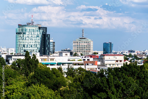 Panoramic view of Bucharest  with the Aviatorilor area and the Charles de Gaulle Plaza building, Romanian Television and the Victory square with the Orange building.