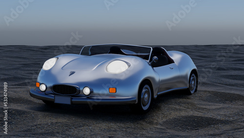 Silver sports car cabriolet on an isolated background with sand. Original design. 3d illustration © Vera Bel