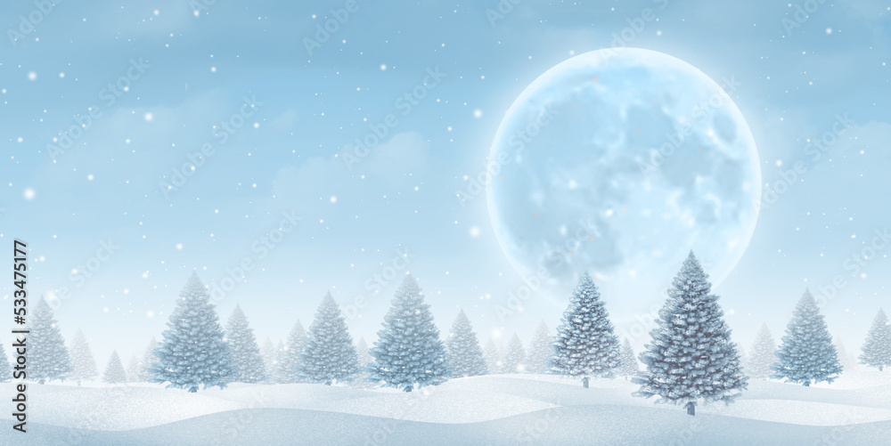 Winter moon blue background and Christmas Holiday celebration landscape with a magical cold pine forest and evergreen trees with frost for festive holidays