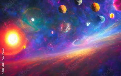 This is a dreamy psychedelic solar system. The sun is orange and red, with planets in different colors orbiting around it. Some of the planets are close together, while others are further away. There' © dreamyart