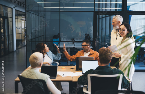 Group of diverse colleagues having business meeting in office