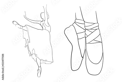 Ballet Dancer ballerina. Dancer ballerina silhouette on a white background. Ballet slippers outline