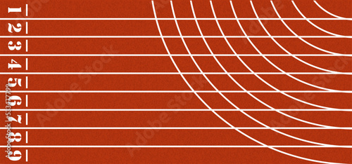 Cartoon running track with lane numbers or track numbers. Place where people exercise or sport place. lanes of running track. Start, finish point, sport field. Raceway, lines and numbers from top view