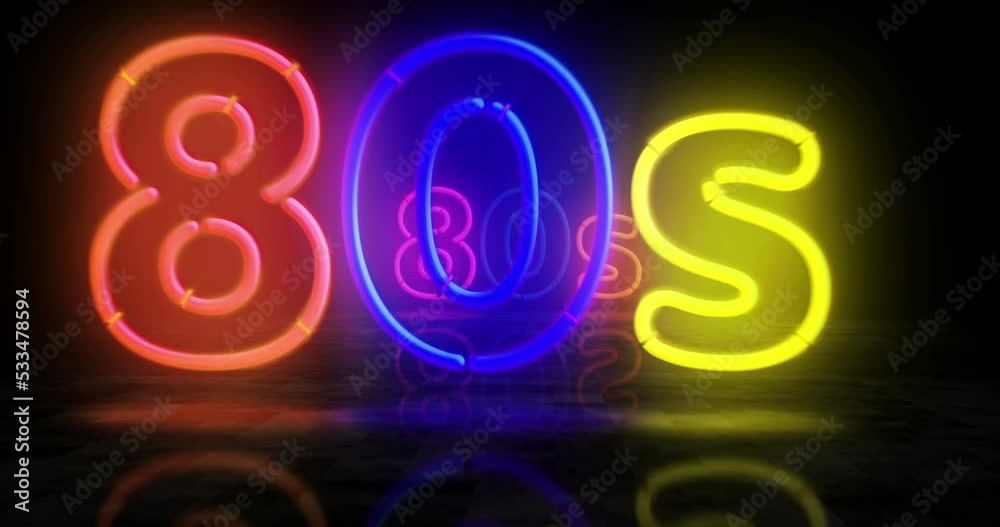 80s neon symbol. Light color bulbs. Retro 1980, eighties nostalgia and vistage party style abstract seamless and loopable concept. 3d flying through the tunnel animation.