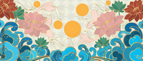 Vector poster with koi carp on a Japanese theme. Line art style. Vector background.	