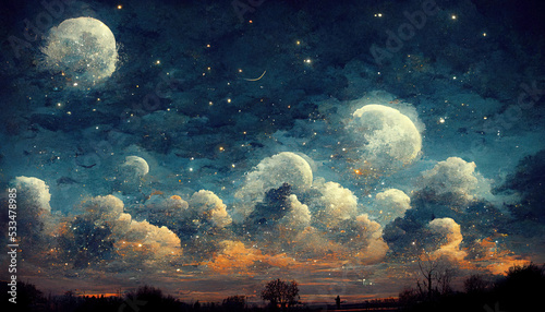 Painted blue night sky, dark sunset sky, with bright, shooting stars and moon, fantasy fairy tail landscape scene park or countryside orange, red, white clouds tree silhouette mysterious world