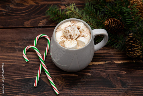Hot chocolate with marshmallow and coco powder, candy cane pine cones, ribbon, pine needles, pine branch, dark wood, Christmas concept, perspecitve view. photo