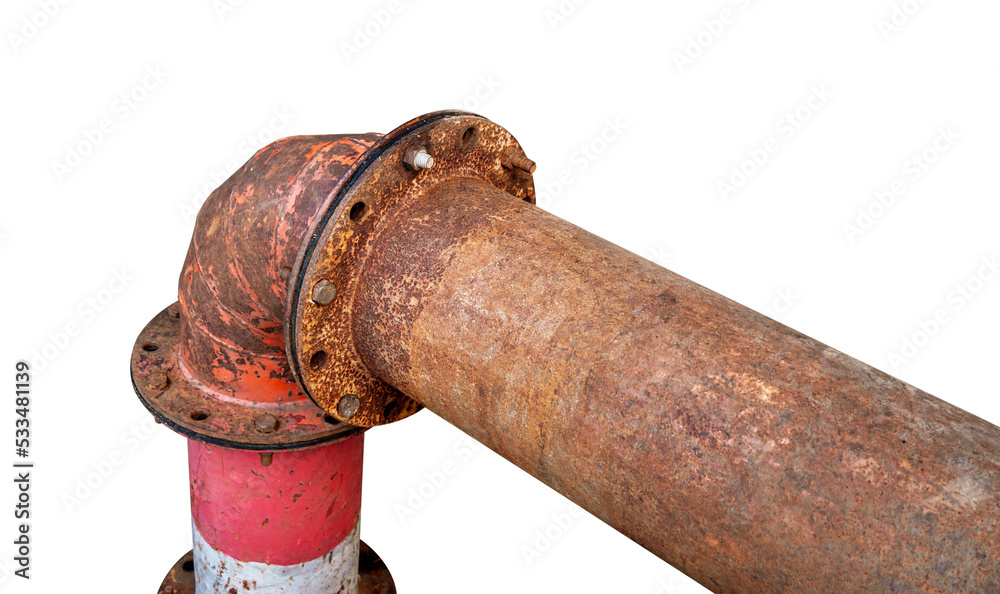 Old pipes after many years of operation, corroded metal pipe destroyed. on white with clipping path. Selective focus.    