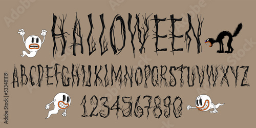 Tree branches font alphabet. English letters and numbers formed by bare branches. Halloween dead forest. Vector illustration.