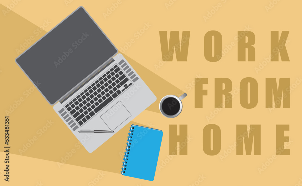 Work from home with laptop, stationery and a cup of coffee Work from home with laptop, stationery and a cup of coffee